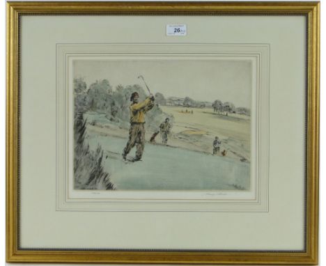 Henry Wilkinson (1921-2011),
pair of coloured etchings, golfing scenes, signed and numbered in pencil, p 10" x 14", framed.