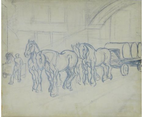 Anton Lock,
oil sketch on canvas, wagon horses, 20" x 24", unframed.