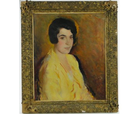 Early 20th century oil on canvas, portrait of a woman in a yellow dress, indistinctly signed E Robey? 24" x 20", framed.
