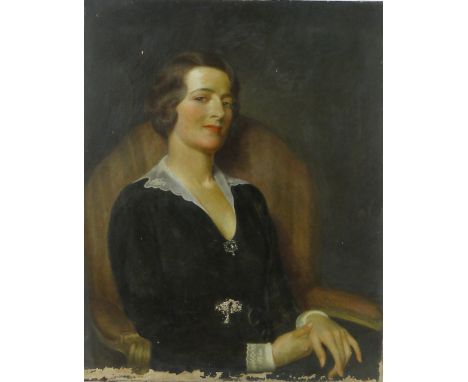 Oil on canvas circa 1920s/30s, portrait of a woman, unsigned, part of original label verso, 30" x 24", unframed.