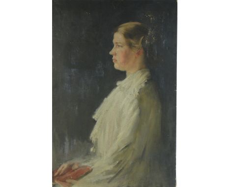 Oil on canvas circa 1900, portrait of a young woman, unsigned, 36" x 24", unframed.