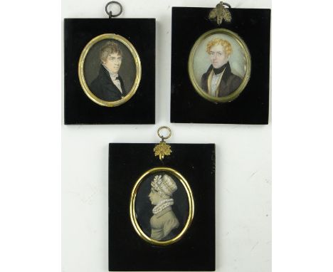A group of miniatures, comprising watercolour on ivory, portrait of a gentleman, unsigned, 2.5" x 2.25", watercolour on card,
