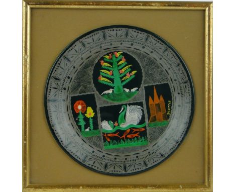 Scottie Wilson (1889-1972),
hand painted ceramic plate, geometric composition, signed, 10" across, framed, provenance; Galler