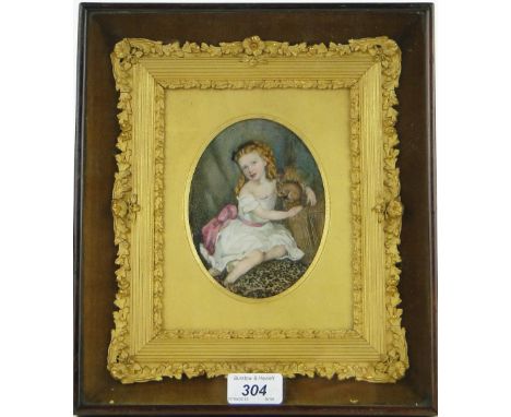 C G Cruickshank,
watercolour on ivory, portrait of a child with a squirrel "Lizzie", original label verso, 5" x 3.75", ornate