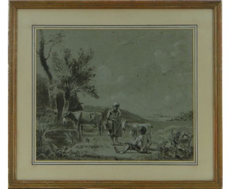 Old Master School
pencil and wash, figures and cattle in landscape, unsigned, 12" x 14", framed.