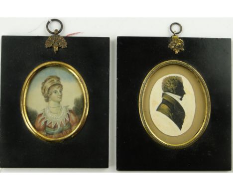 A group of miniatures, comprising watercolour on ivory, portrait of a gentleman 3" x 2.5", unsigned, watercolour, portrait of