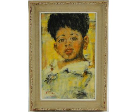 Oil on board, portrait of a child, indistinctly signed, 20.5" x 13", framed.