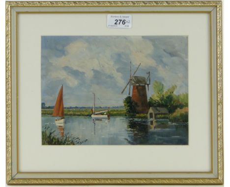 Ink/watercolour sketch, beach scene, and oil on board, boats on the broads by a different hand, both framed, (2).
