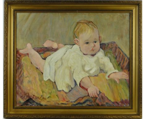 John Duncan (1866-1945),
oil on canvas, portrait of a baby, signed, 22" x 27", framed.