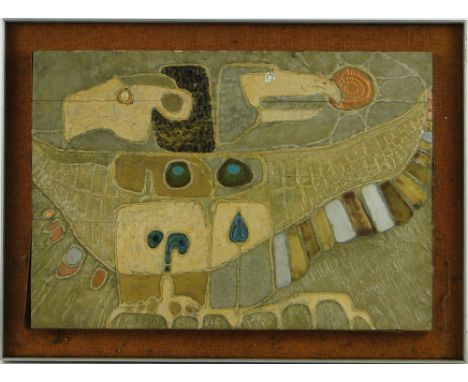 Peacock,
mixed media, gesso and enamel on panel, Gemini, original label verso, 14" x 20.5", framed.