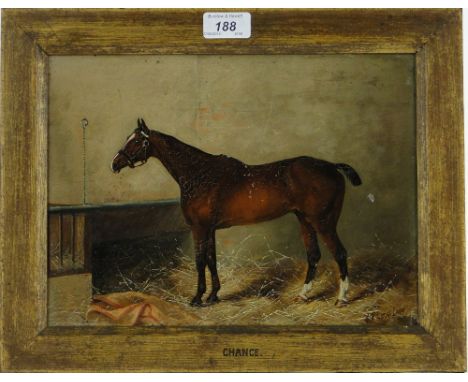 Henry Frederick Lucas Lucas (1848-1943),
oil on wood panel, portrait of a horse in a stable, signed, 8.5" x 12", framed.