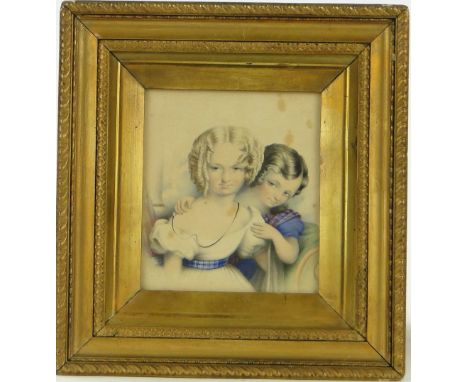 19th century watercolour, portrait of 2 Scottish children, unsigned, 7" x 6", framed.