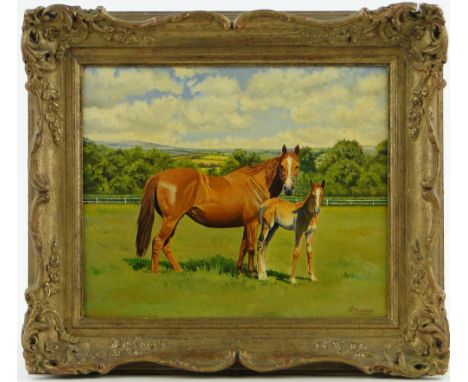 R L Harvey,
oil on canvas, mother and daughter, signed, 10" x 12", framed.