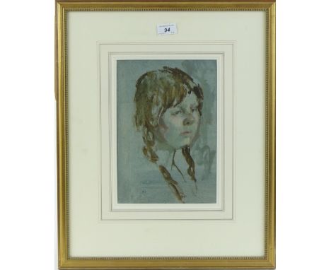 Bernard Dunstan (born 1920),
oil sketch on paper, portrait of a girl, signed with initials, 11.5" x 8", framed with a Christm