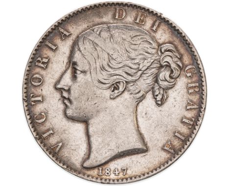 UNITED KINGDOM. Victoria, 1837-1901. Silver crown, 1847. Royal Mint. Young head left; W. WYON R.A. on truncation; date below;