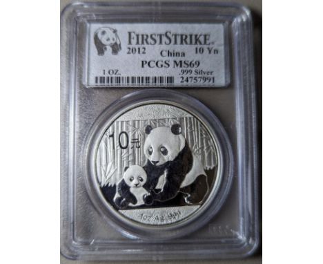 CHINA. PEOPLE'S REPUBLIC. Silver 10 yuan, 2012. Panda; Silver BullionIn secure plastic holder, graded PCGS MS69 , certificati