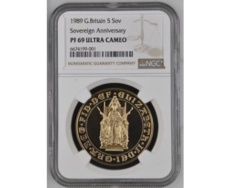 UNITED KINGDOM. Elizabeth II, 1952-2022. Gold 5 pounds (5 sovereigns), 1989. Royal Mint. Proof. Commemorating the 500 years a