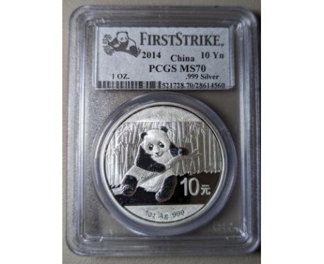 CHINA. PEOPLE'S REPUBLIC. Silver 10 yuan, 2014. Panda; Silver BullionIn secure plastic holder, graded PCGS MS70 , certificati