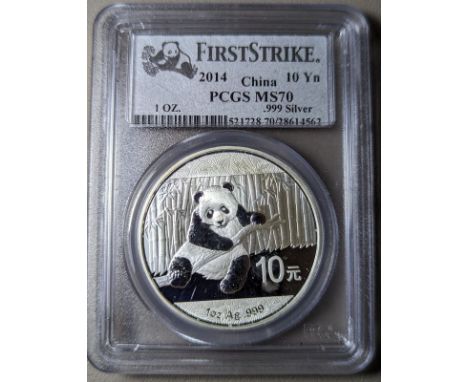 CHINA. PEOPLE'S REPUBLIC. Silver 10 yuan, 2014. Panda; Silver BullionIn secure plastic holder, graded PCGS MS70 , certificati