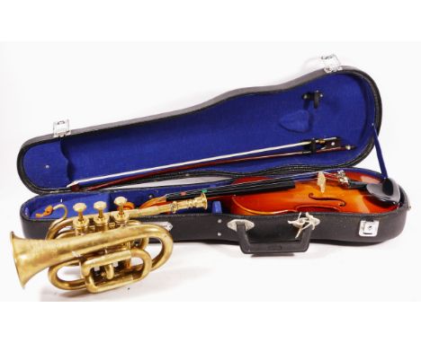 An unbranded saxophone, chromed with red leather pads, 70cm, in a carry case, together with a brass cornet, 30cm and a Skylar