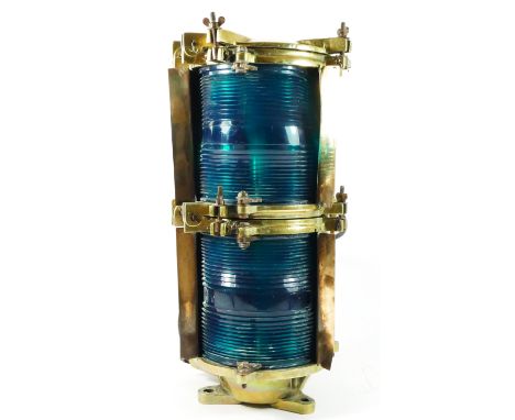 A illuminated double masthead starboard ship lantern, brass, with green plastic aspects, converted to run off AC power. 46cm 