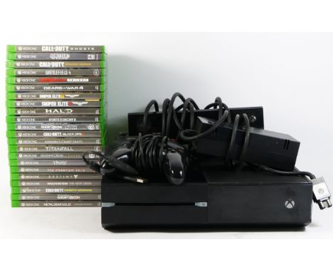 A Xbox One console, model 1540, with controller, power brick (missing AC lead), Kinect and a third party controller, together