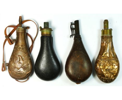 A copper and brass powder flask, unsigned, embossed body, 20cm, two leather examples and a reproduction copper example (4) 