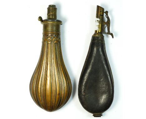 A copper and brass powder flask, by G &amp; J.W. Hawksley, Sheffield, fluted body, 20cm, together with a leather example (2) 