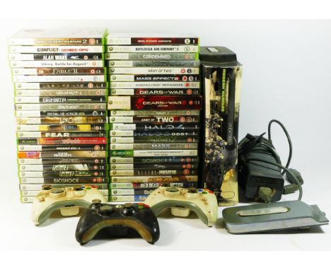 A Xbox 360 console (serial number 3015336 82105), together with two additional hard drives, power cables and three controller
