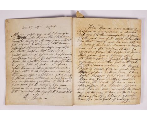 Book. Manuscript biography of sculptor John Thomas by his brother Robert Thomas. 90 leaves written on one side only with tipp