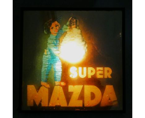 An illustrated advertising sign, mirrored front, when powered shows an advertisement for Mazda lightbulbs, depicting young gi