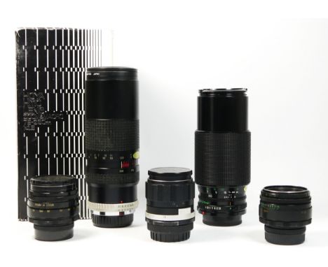 Five manual camera lens, to include a Hoya 75mm-260mm f4.5, Pentax fit, boxed, a Canon FD 70mm-210mm F4, a Soligor 105mm f2.8