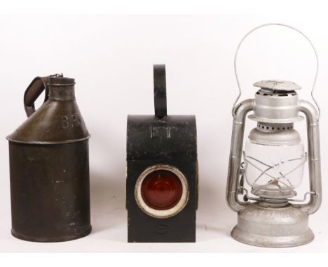 A oil can, stamped B.R., together with a E.T. road lamp and a hurricane lamp, complete with burner (3) 