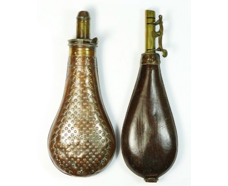 A copper and brass powder flask, by James Dixon, Sheffield, star embossed body, 20cm, together with a leather example (2) 