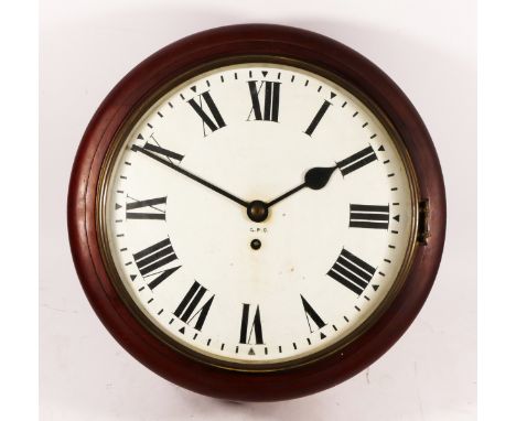 A mahogany cased wall clock, white painted dial, Arabic numbers, minute baton markers, dial painted with G.P.O, case stamped 
