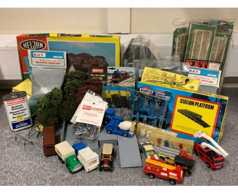 A substantial collection of model railway set dressing, materials, scenic aids, vehicles, paint supplies, track, flock, wirin