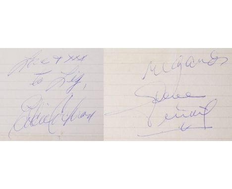 Eddie Cochran/Gene Vincent signatures, "Love to Liz XXX Eddie Cochran", the reverse "Regards Gene Vincent".Provenance; Obtain