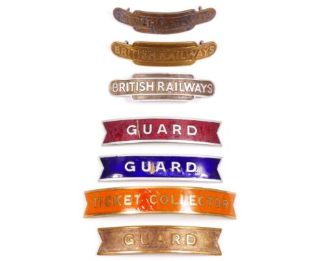 Seven cap badges, four fishtail style (Ticket Collector and 3 x Guard) and three totem style (British Railways) 