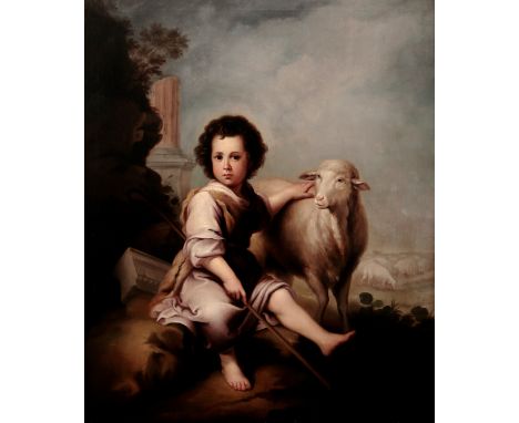 Spanish school of the second half of the 19th century.Following models by Bartolomé Esteban Murillo,"The Good Shepherd.Oil on