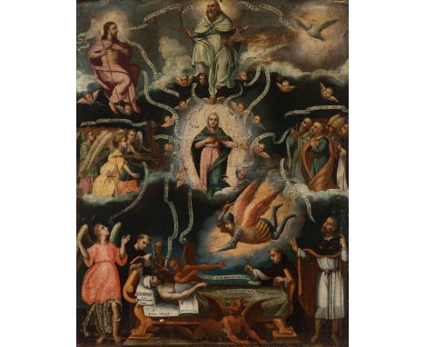 Spanish or Novo-Hispanic school, first half of the 17th century."The Trinity receiving the soul of a Christian".Oil on canvas