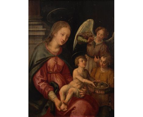 Flemish school, ca. 1600."Virgin and Child.Oil on oak panel.Framed ca. 1850.It presents faults and restorations.Measurements: