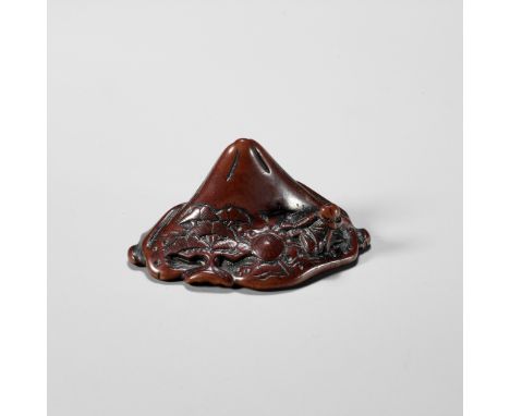 A WOOD NETSUKE OF SAIGYO HOSHI ADMIRING MOUNT FUJIUnsignedJapan, late 18th to early 19th century, Edo period (1615-1868)The p