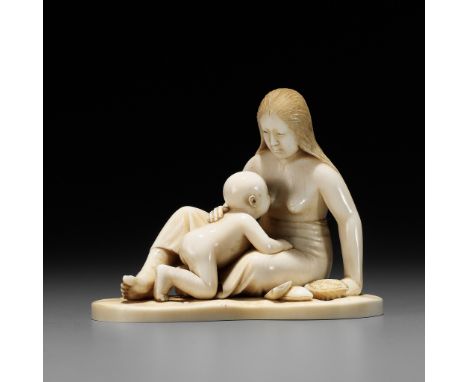 SHIZUO: A FINE IVORY OKIMONO OF AN AMA (DIVING GIRL) NURSING HER CHILDBy Shizuo (Seiyu), signed Shizuo 静雄Japan, Tokyo, Meiji 