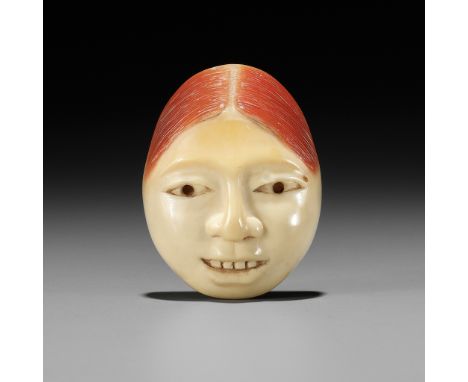 A RARE HONEN (HORNBILL) MASK NETSUKE OF SHOJOUnsignedJapan, 19th centuryFinely carved as the drunken sprite Shojo smiling eni