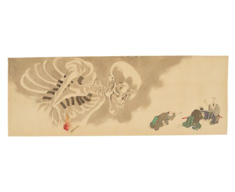 A LARGE AND RARE EMAKI HANDSCROLL WITH FOUR SEPARATE LEAVES, ONE WITH A DEPICTION OF GASHADOKUROJapan, 19th centuryWatercolor