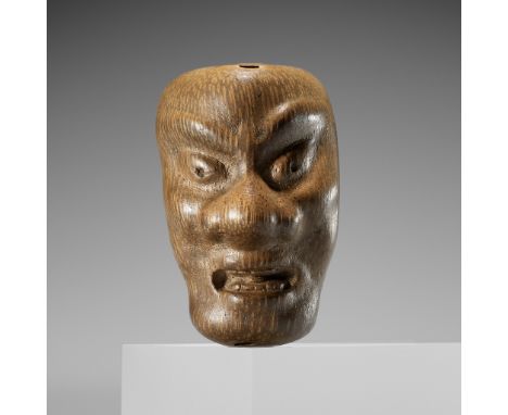 YORIMITSU: A RARE AND UNUSUAL BAMBOO OMAI TYPE MASK NETSUKEBy Yorimitsu (Raiko), signed Yorimitsu 頼光Japan, 19th centuryPublis