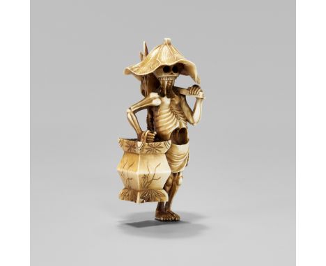 A RARE IVORY NETSUKE OF OTSUYU WITH THE PEONY LANTERNUnsignedJapan, Meiji period (1868-1912)Carved as Otsuyu's skeleton from 