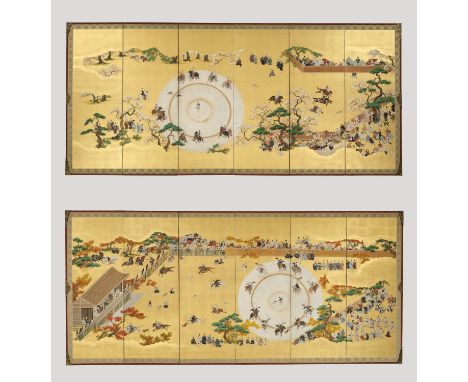 AN IMPRESSIVE PAIR OF SIX-PANEL BYOBU SCREENS DEPICTING A DOG-CHASING EVENT (INOUMONO)Japan, 18th century, Edo period (1615-1