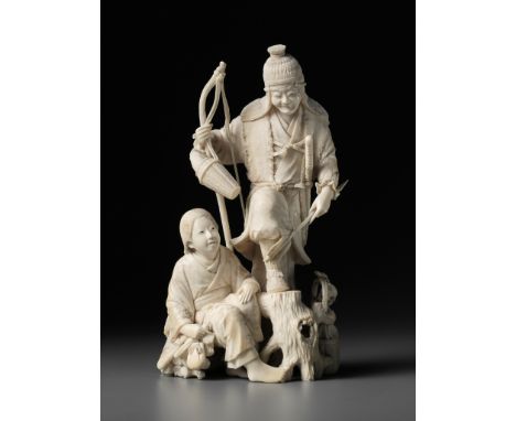 GYOKUSHO: A FINE TOKYO SCHOOL IVORY OKIMONO DEPICTING A HUNTERBy Gyokusho, signed GyokushoJapan, Tokyo, late 19th century, Me