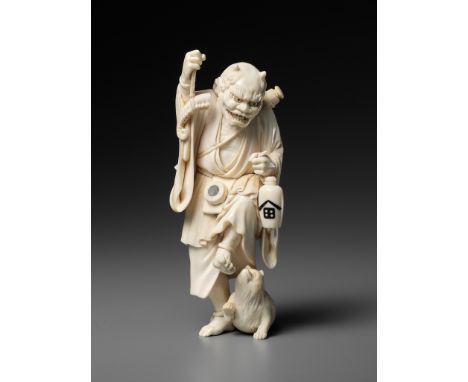 MINJO: AN IVORY OKIMONO OF A DRUNKEN ONI WITH TANUKIBy Minjo, signed MinjoJapan, late 19th century, Meiji period (1868-1912)A